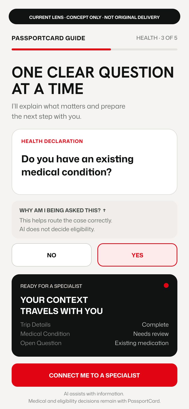 Concept of an AI PassportCard guide asking one health question at a time with handover to a human specialist