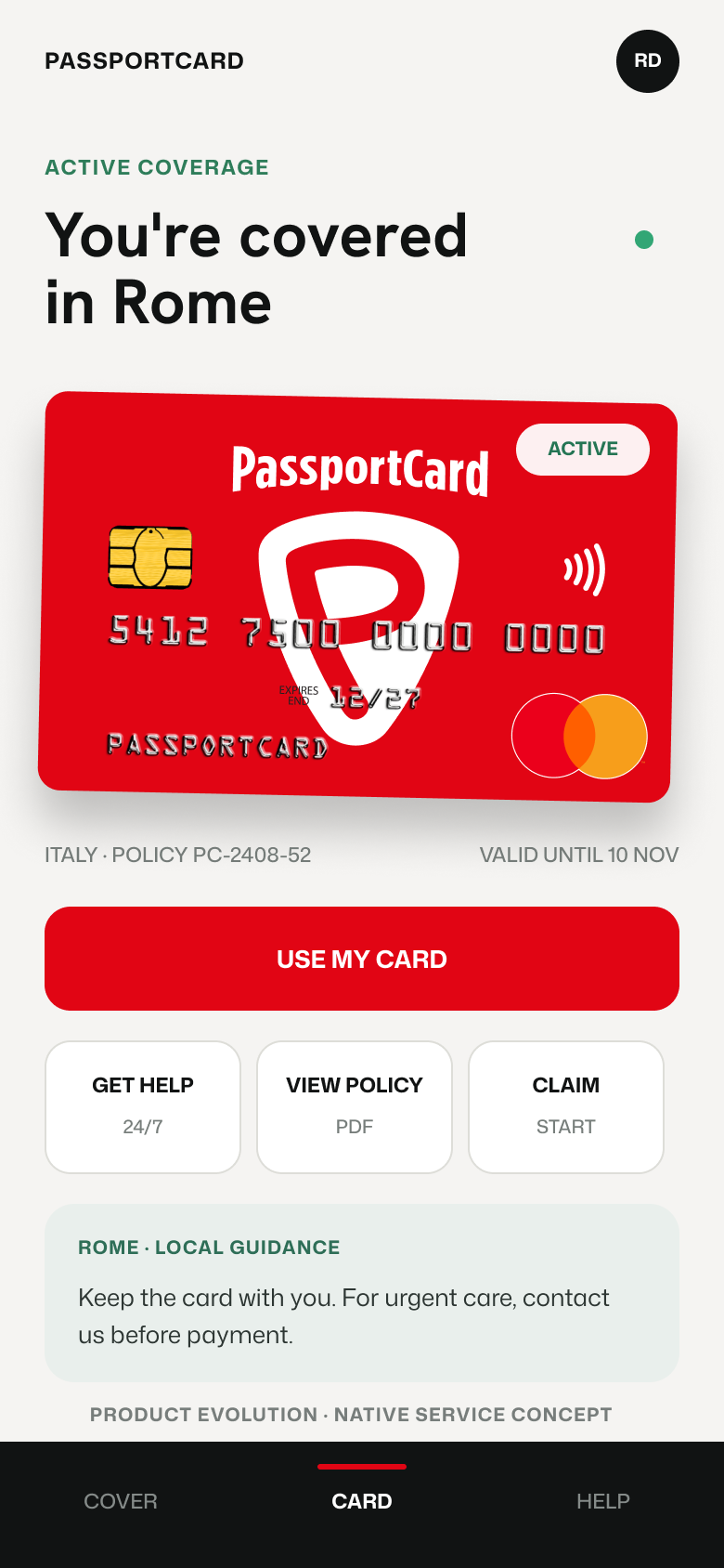 PassportCard mobile app showing active coverage, the card and support actions