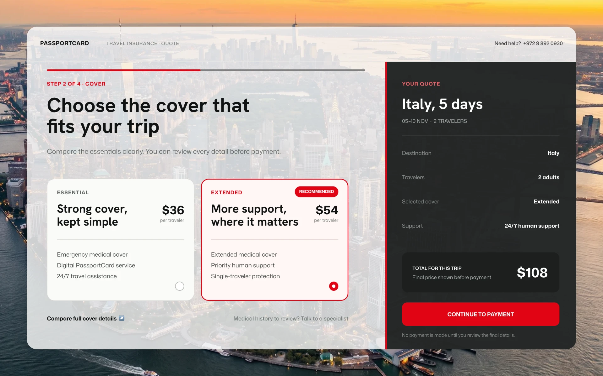PassportCard quote and plan builder on desktop: cover comparison beside a live quote summary